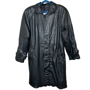 Vintage 80-90s Black Leather Trench Coat Sz M Button Front Retro Grunge Jacket